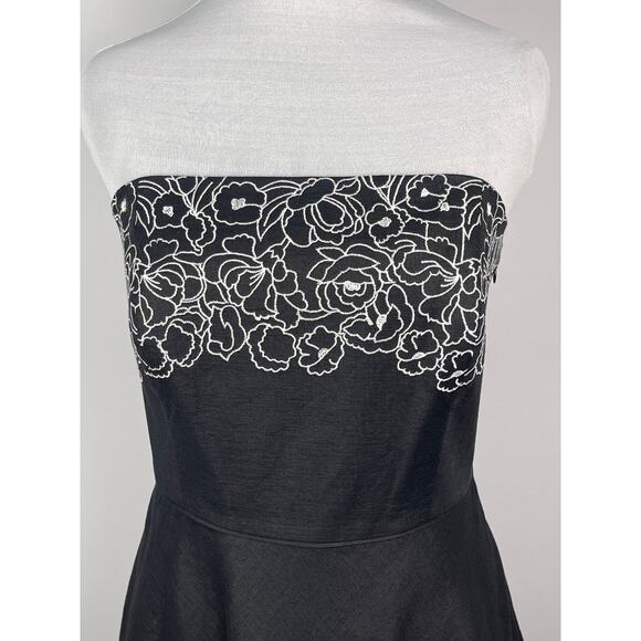 NWT LOFT Ann Taylor Strapless Floral Embroidered ALine Dress Black Linen Size 8P - Picture 2 of 11